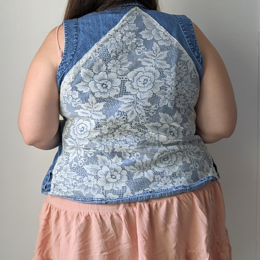 Reworked Boho Western Crochet Lace Denim Vest